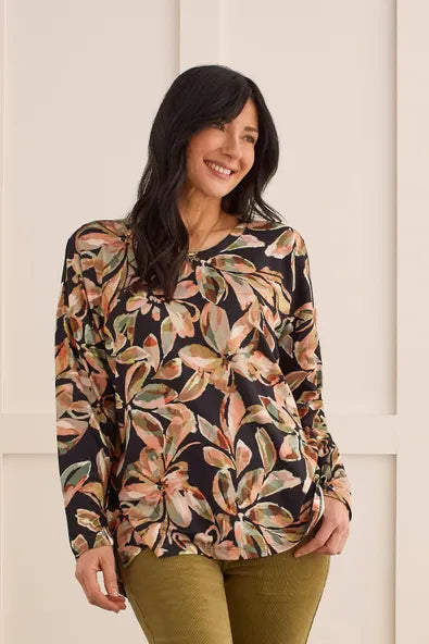 Tribal Printed Crew Neck Top With Side Slits