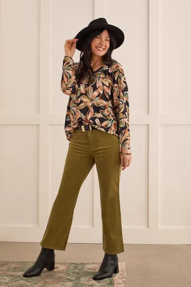 Tribal Printed Crew Neck Top With Side Slits