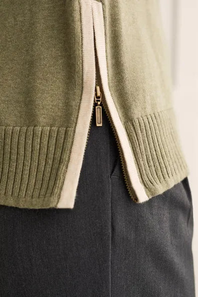 Tribal Cotton V-Neck Sweater With Zipper