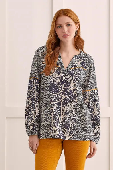 Tribal Printed Poplin Notch Neck Blouse