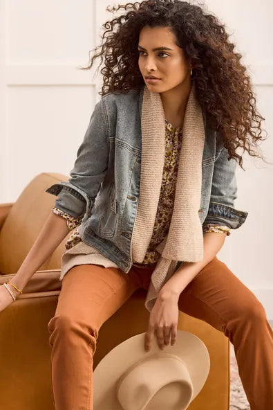 Tribal Knit Shawl Collar Denim Jacket