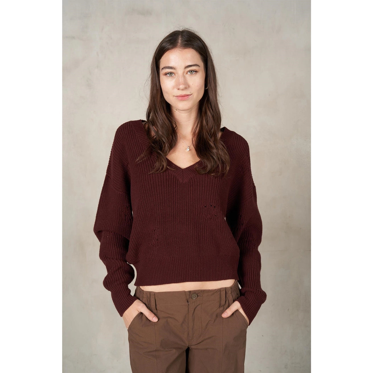 LALAMIA V-Neck Destroyed Long Sleeve Knit Sweater