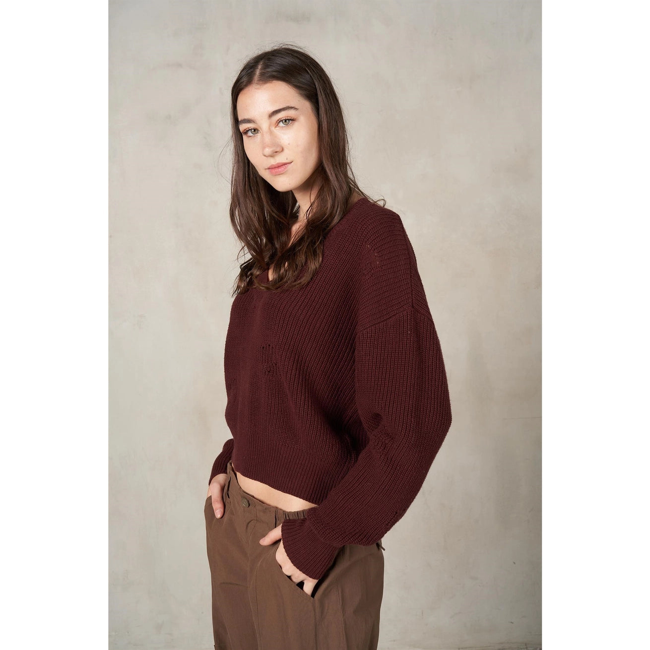 LALAMIA V-Neck Destroyed Long Sleeve Knit Sweater