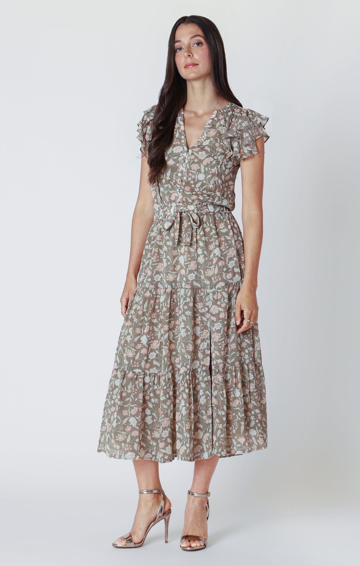 Black Tape Flutter Sleeve Tiered Midi Dress