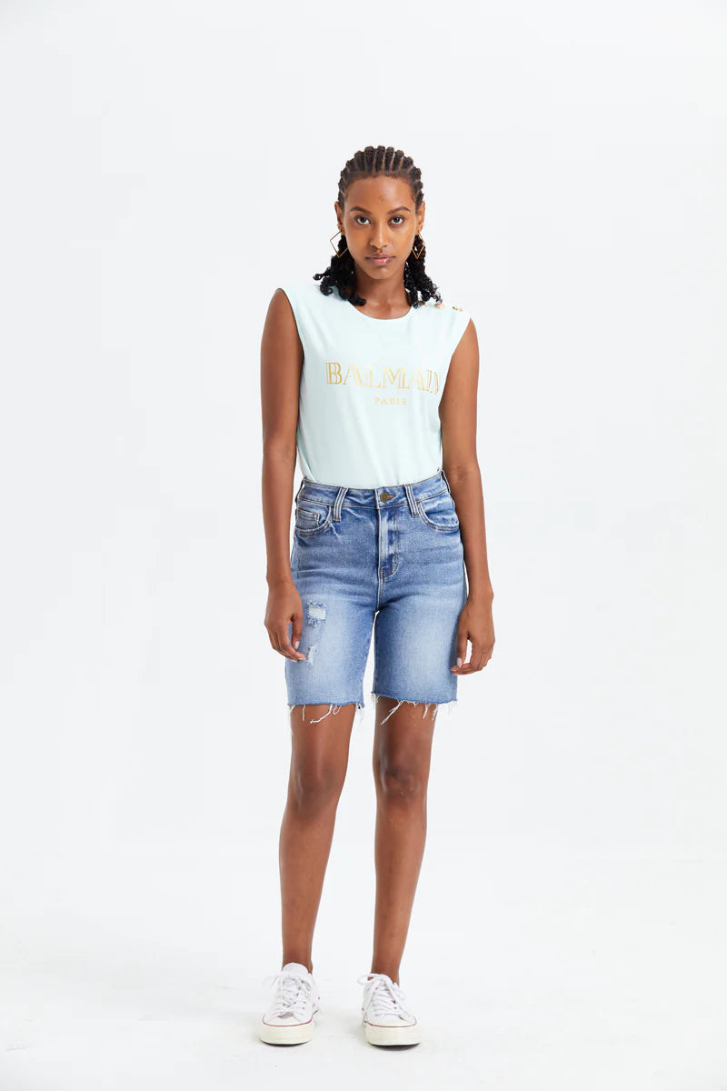 Bayeas Mid Rise Distressed Raw Hem Denim Jean Shorts