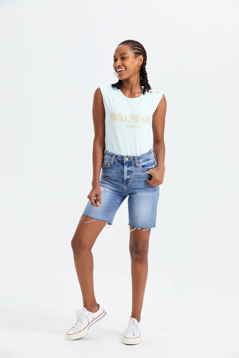 Bayeas Mid Rise Distressed Raw Hem Denim Jean Shorts