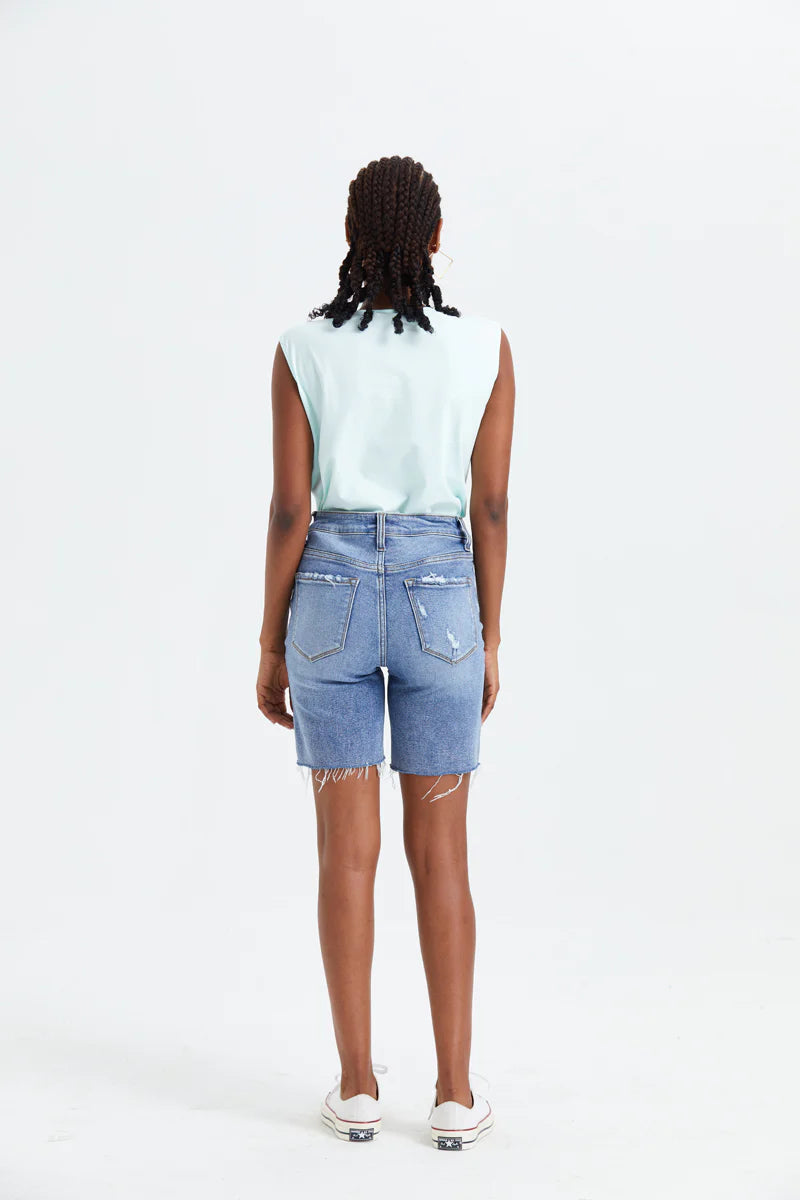 Bayeas Mid Rise Distressed Raw Hem Denim Jean Shorts
