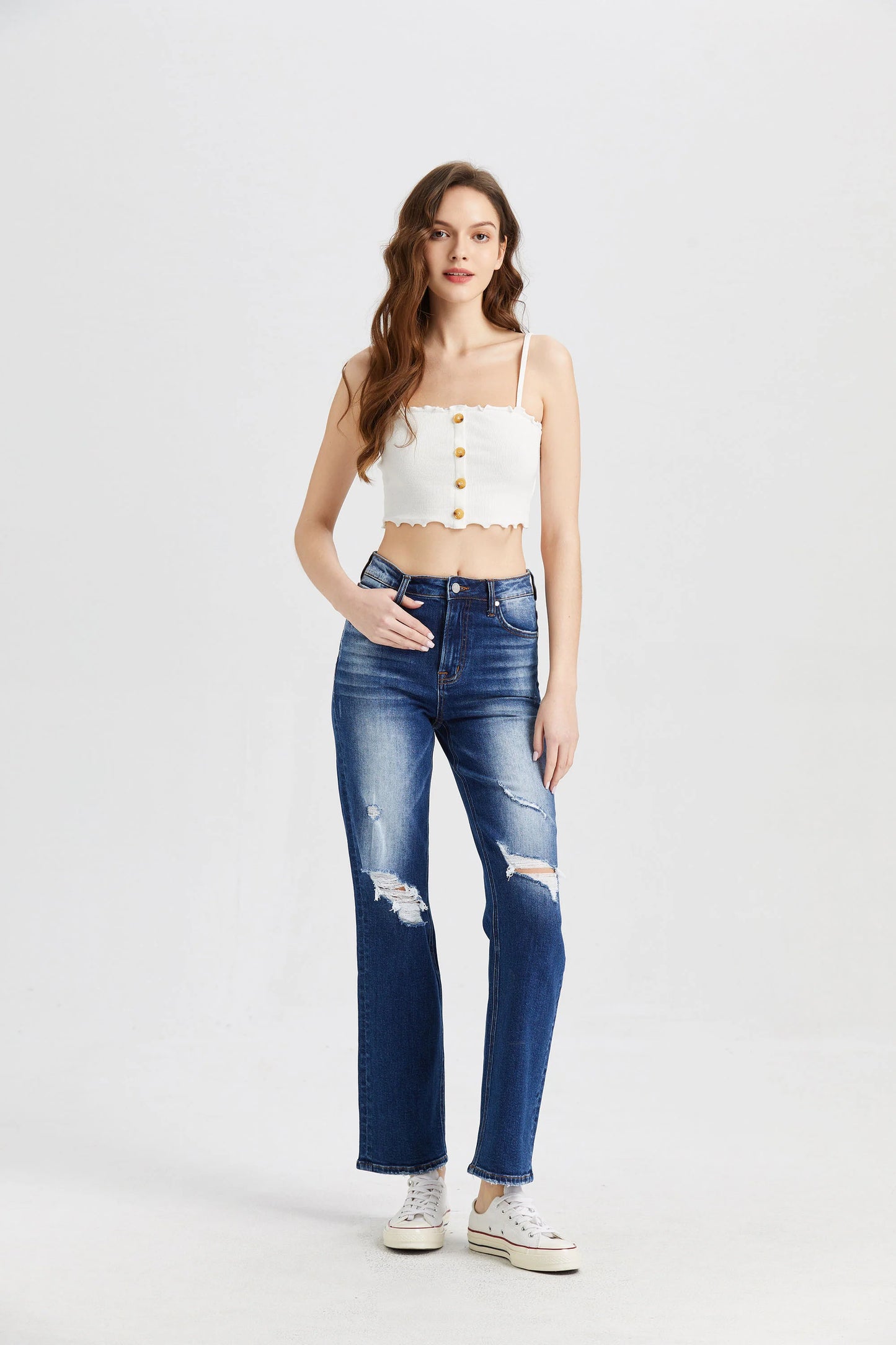 Bayeas High Rise Distressed Straight Leg Jean