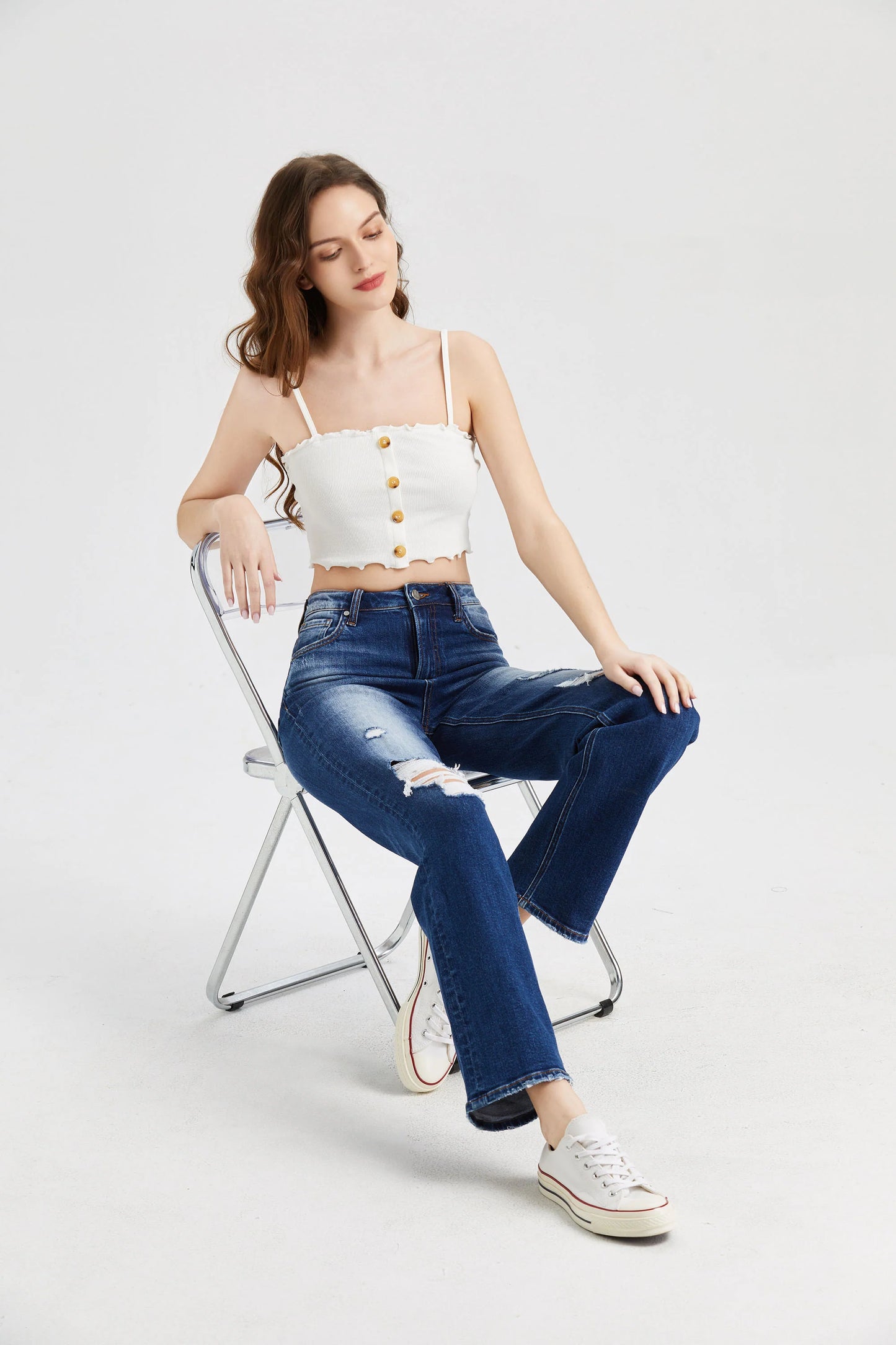 Bayeas High Rise Distressed Straight Leg Jean