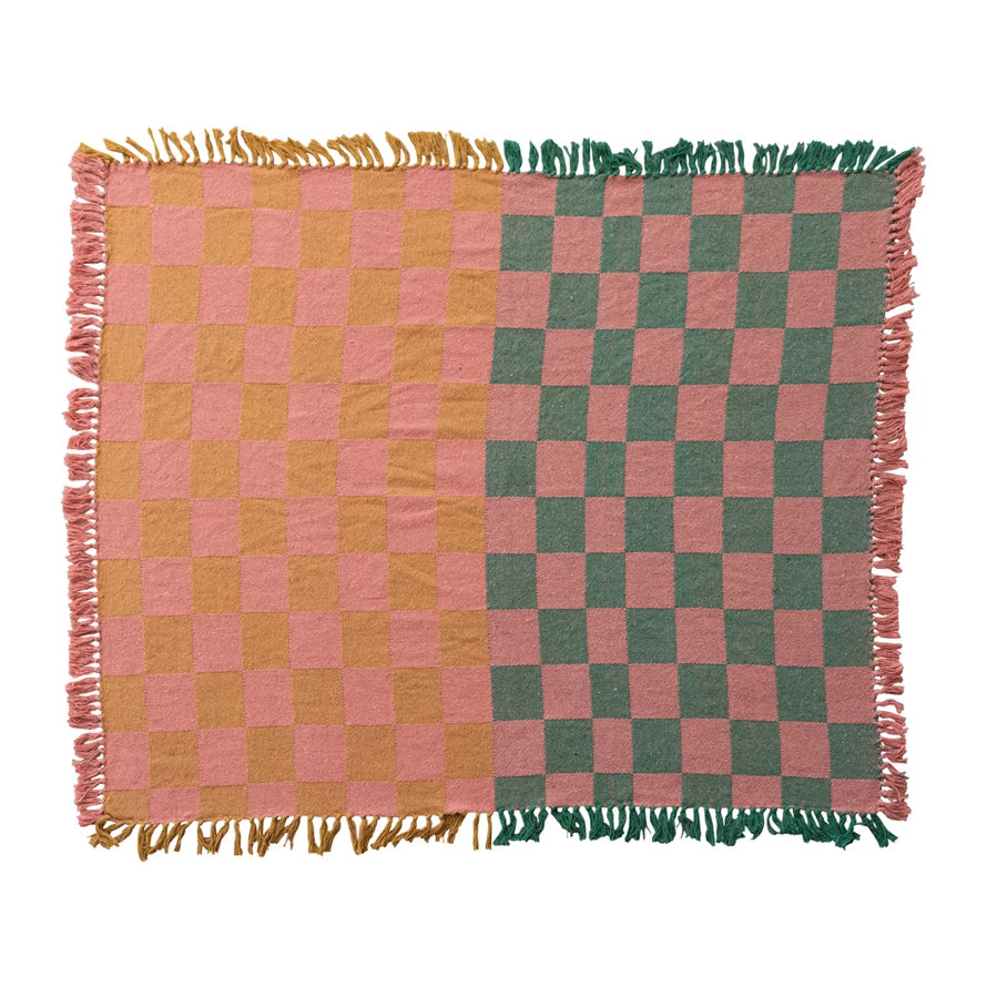 Cotton Blend Two-Tone Checked Throw With Fringe