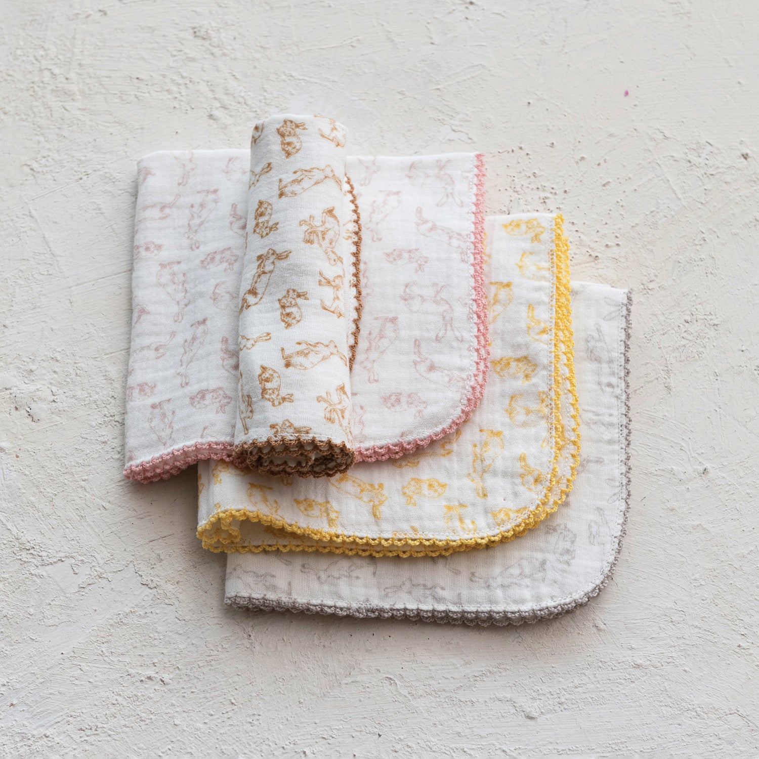 Cotton Burp Cloth With Rabbits & Stitched Trim