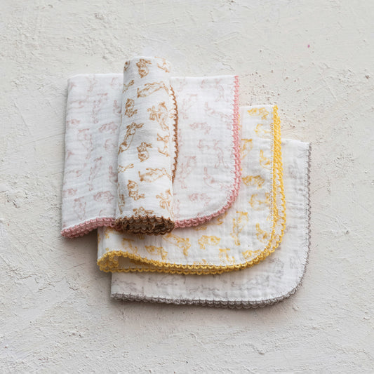 Cotton Burp Cloth With Rabbits & Stitched Trim