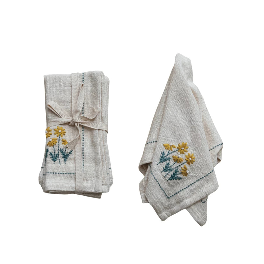Cotton Napkins With Hand-Embroidery, Flowers & French Knots