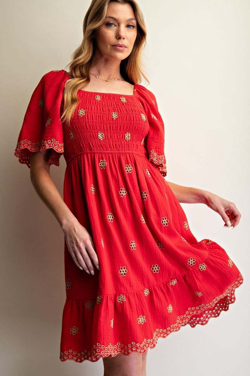 Easel Embroidery Detail Cotton Gauze Dress
