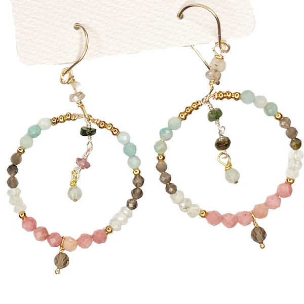 Amazonite, Rhodonite, Smoky Quartz Hoops Earrings
