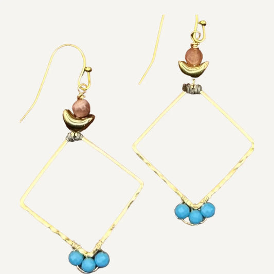 Gold Diamond With Turquoise And Sunstone Earrings
