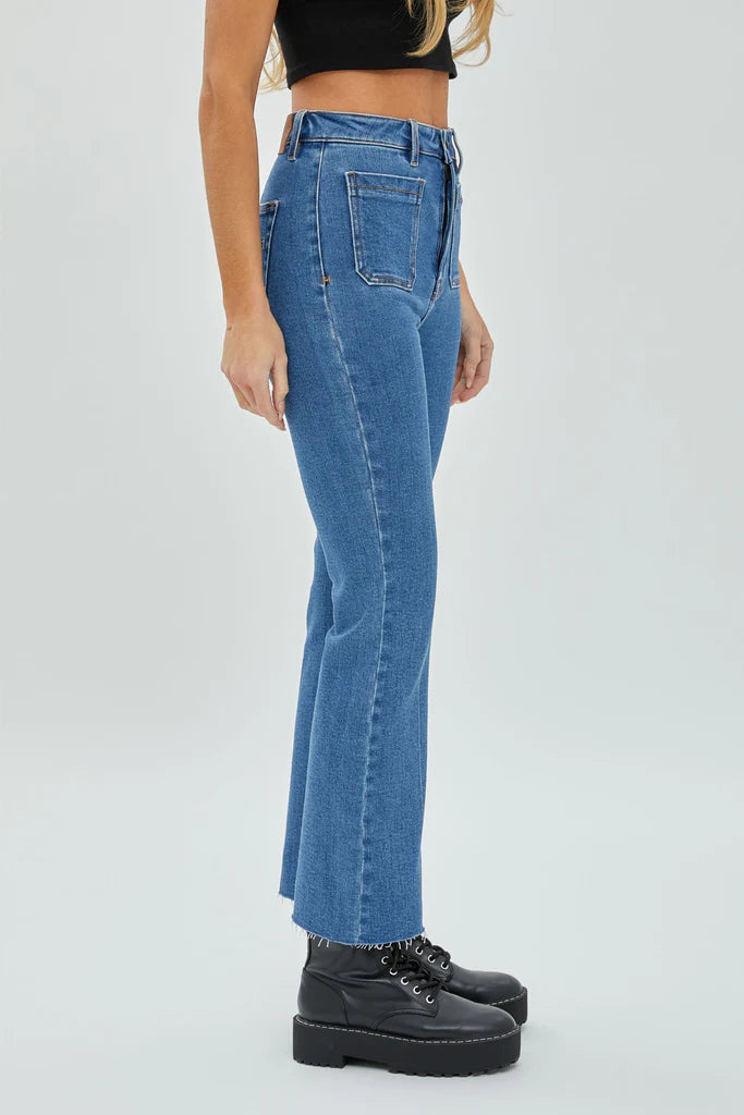 Hidden Happi Medium Wash Front Pocket Stretch Crop Flare
