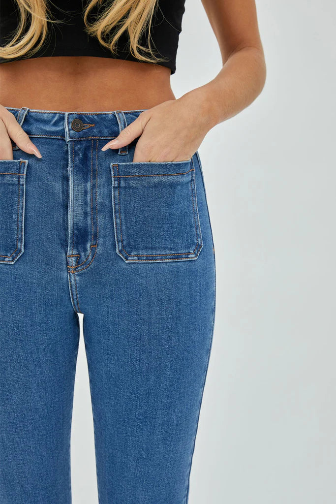 Hidden Happi Medium Wash Front Pocket Stretch Crop Flare