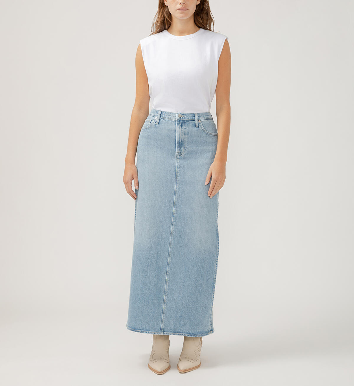 Silver Side Split Denim Maxi Skirt