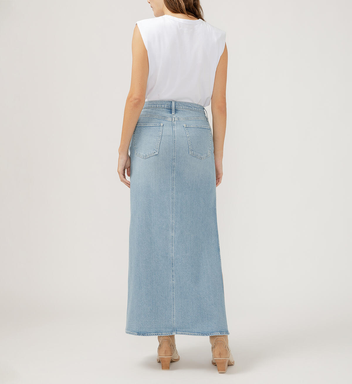 Silver Side Split Denim Maxi Skirt