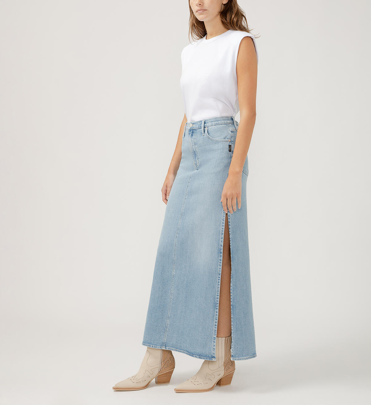Silver Side Split Denim Maxi Skirt
