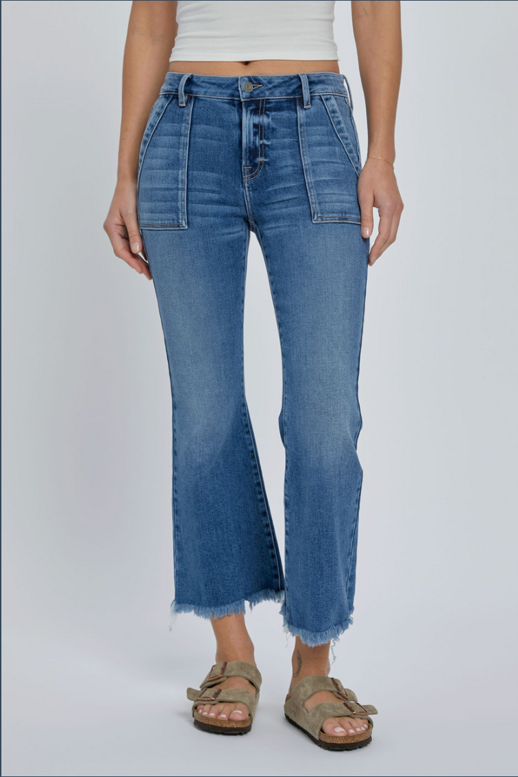 Hidden Medium Wash Frayed Hem Cargo Crop Flare Jeans