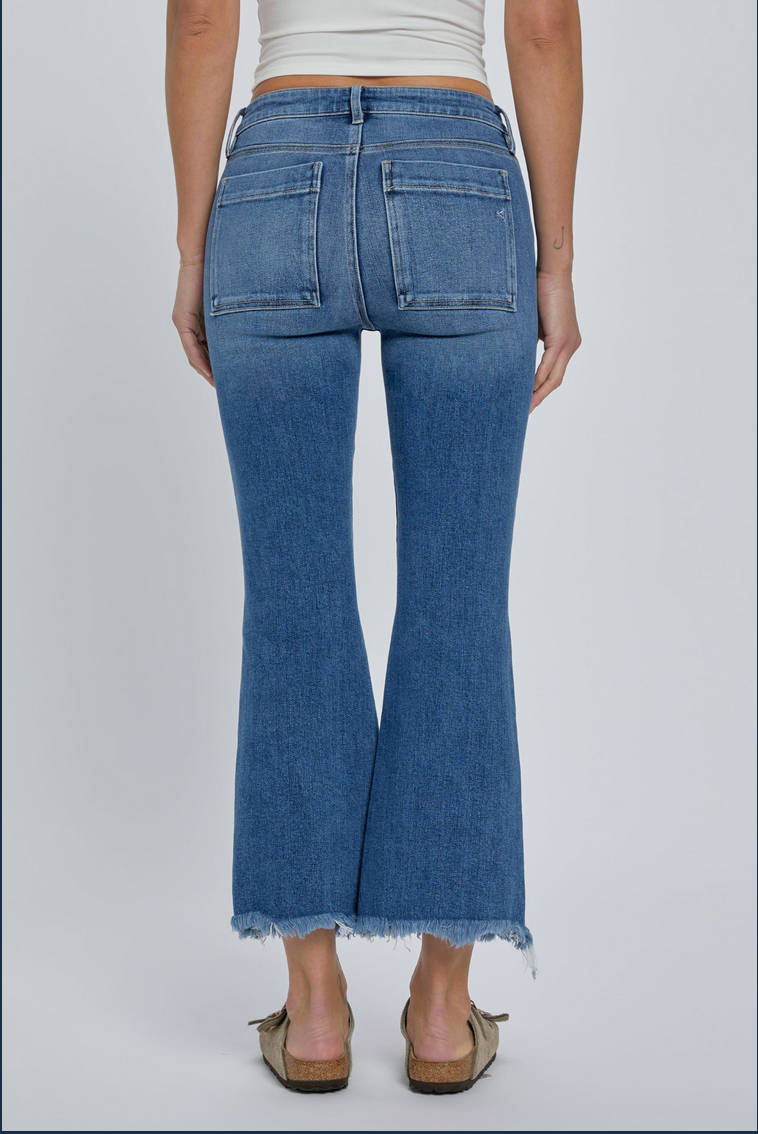 Hidden Medium Wash Frayed Hem Cargo Crop Flare Jeans