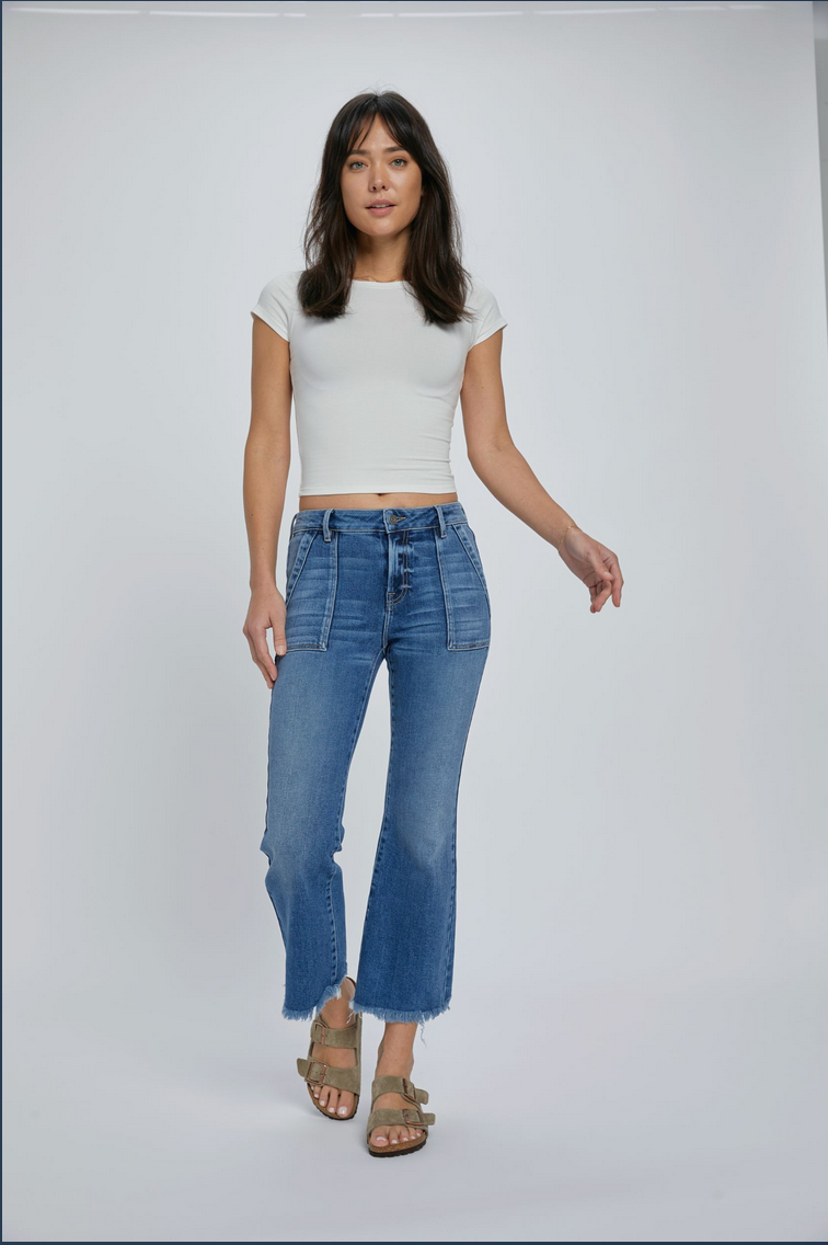 Hidden Medium Wash Frayed Hem Cargo Crop Flare Jeans
