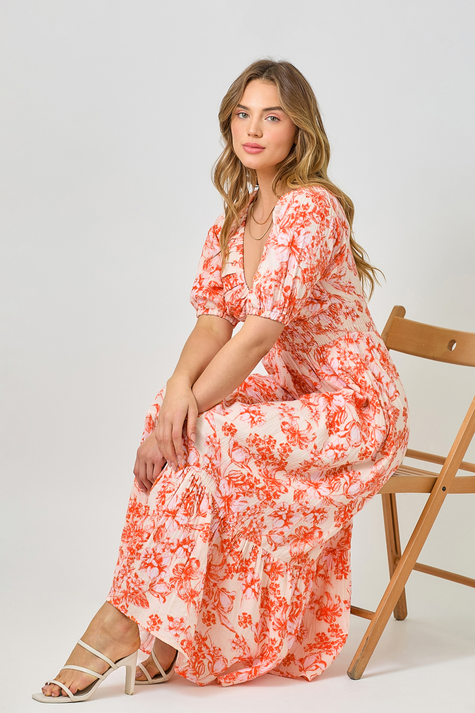 Mystree Puff Sleeve Smocked Long Dress
