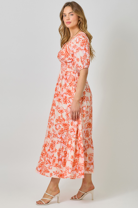 Mystree Puff Sleeve Smocked Long Dress