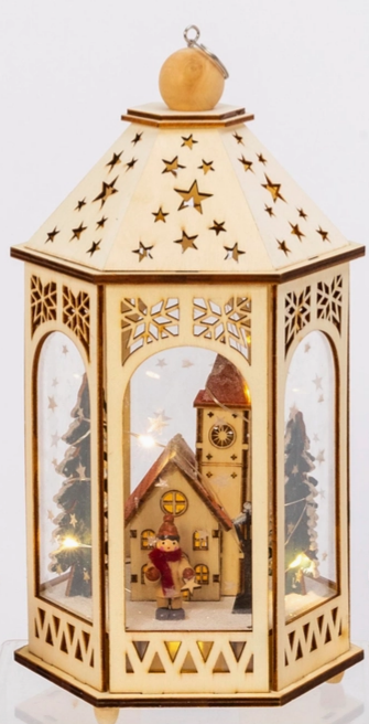 Lighted Laser Cut Wood Lantern with Village Scene