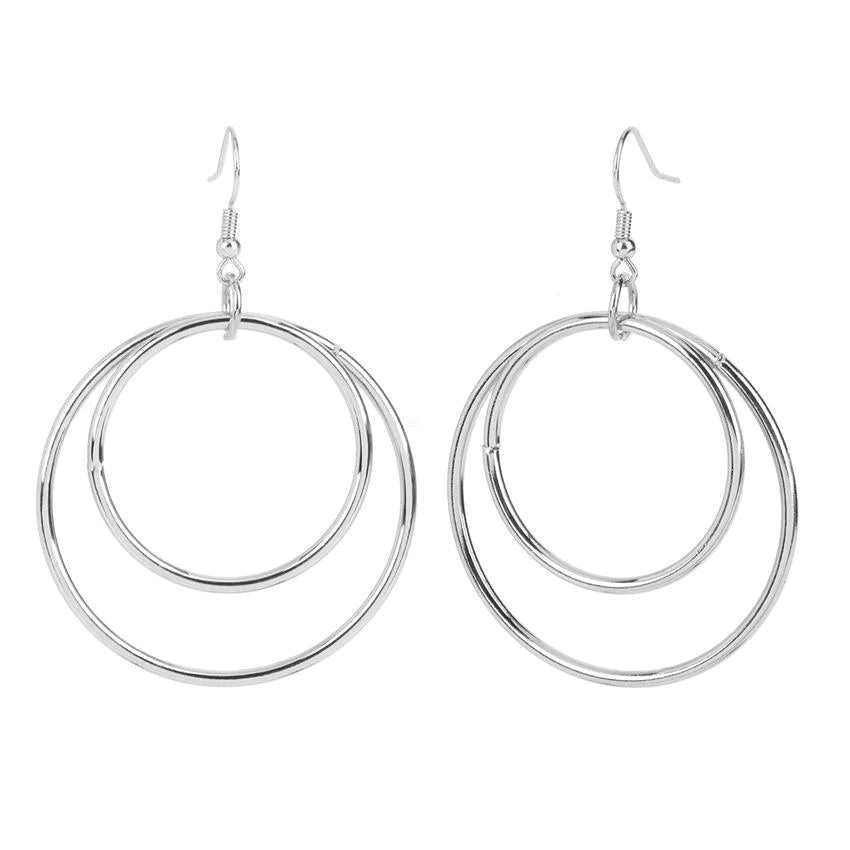 Silver Double Circles Dangle Earrings