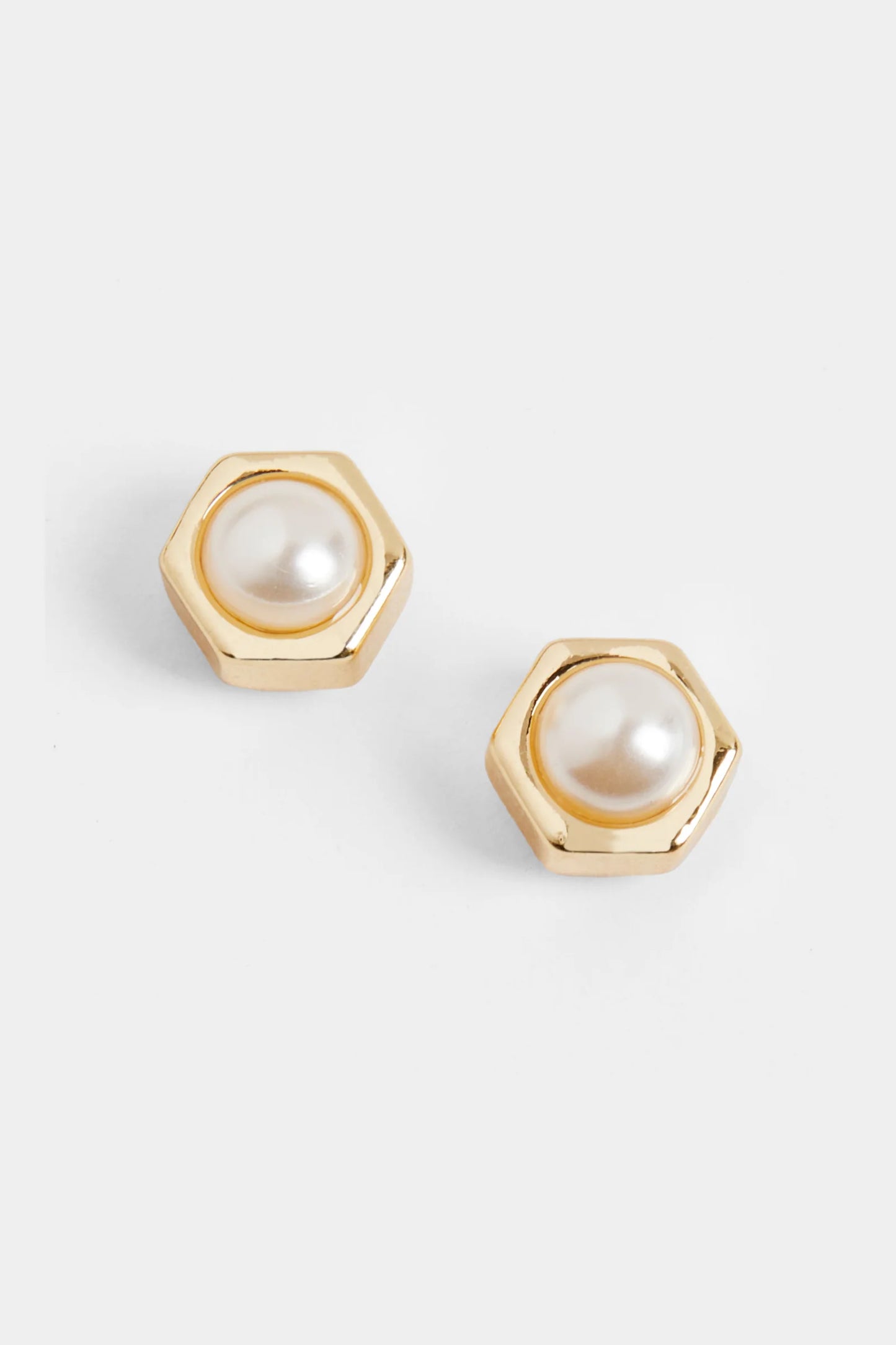 Gold Hexagon Pearl Stud Earrings