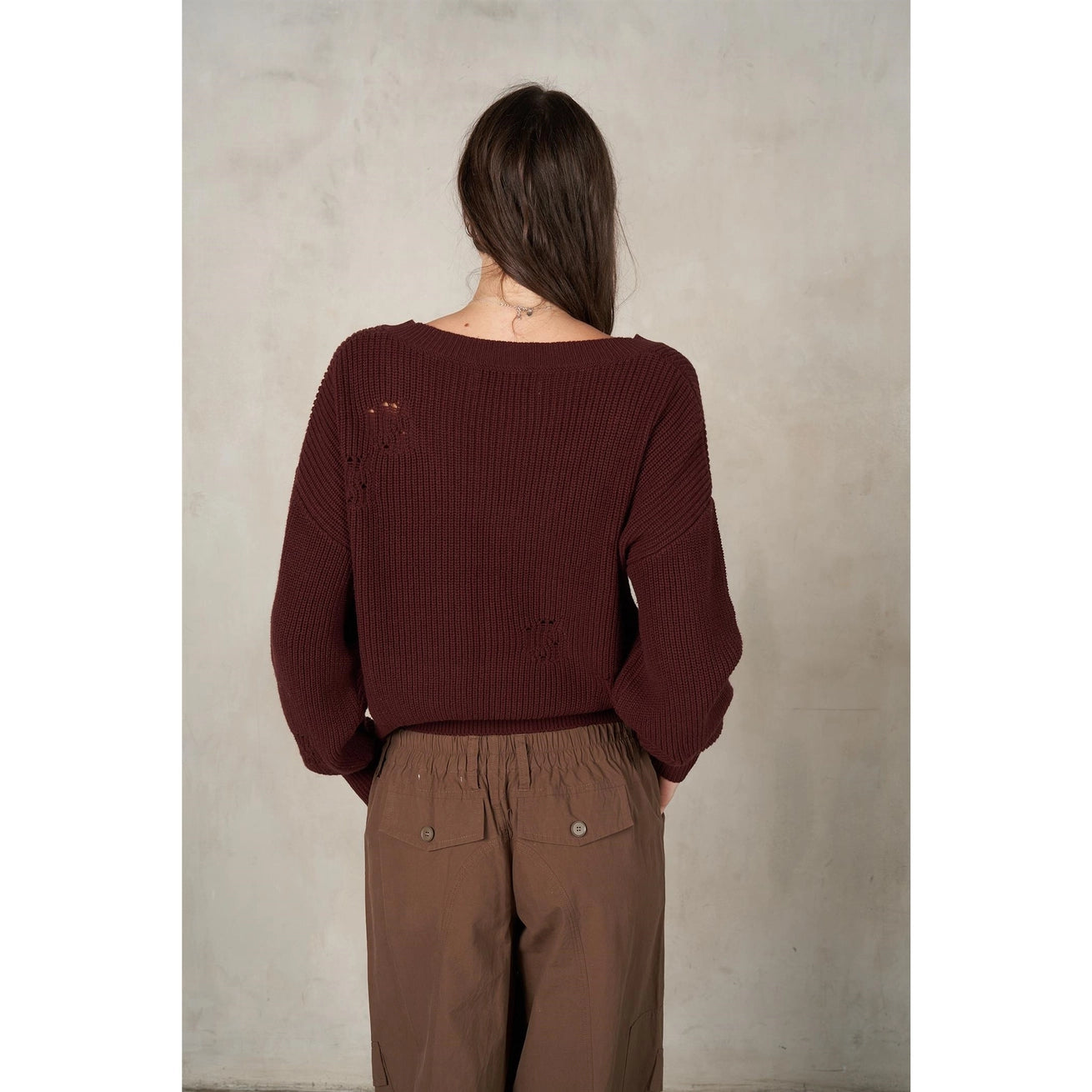 LALAMIA V-Neck Destroyed Long Sleeve Knit Sweater