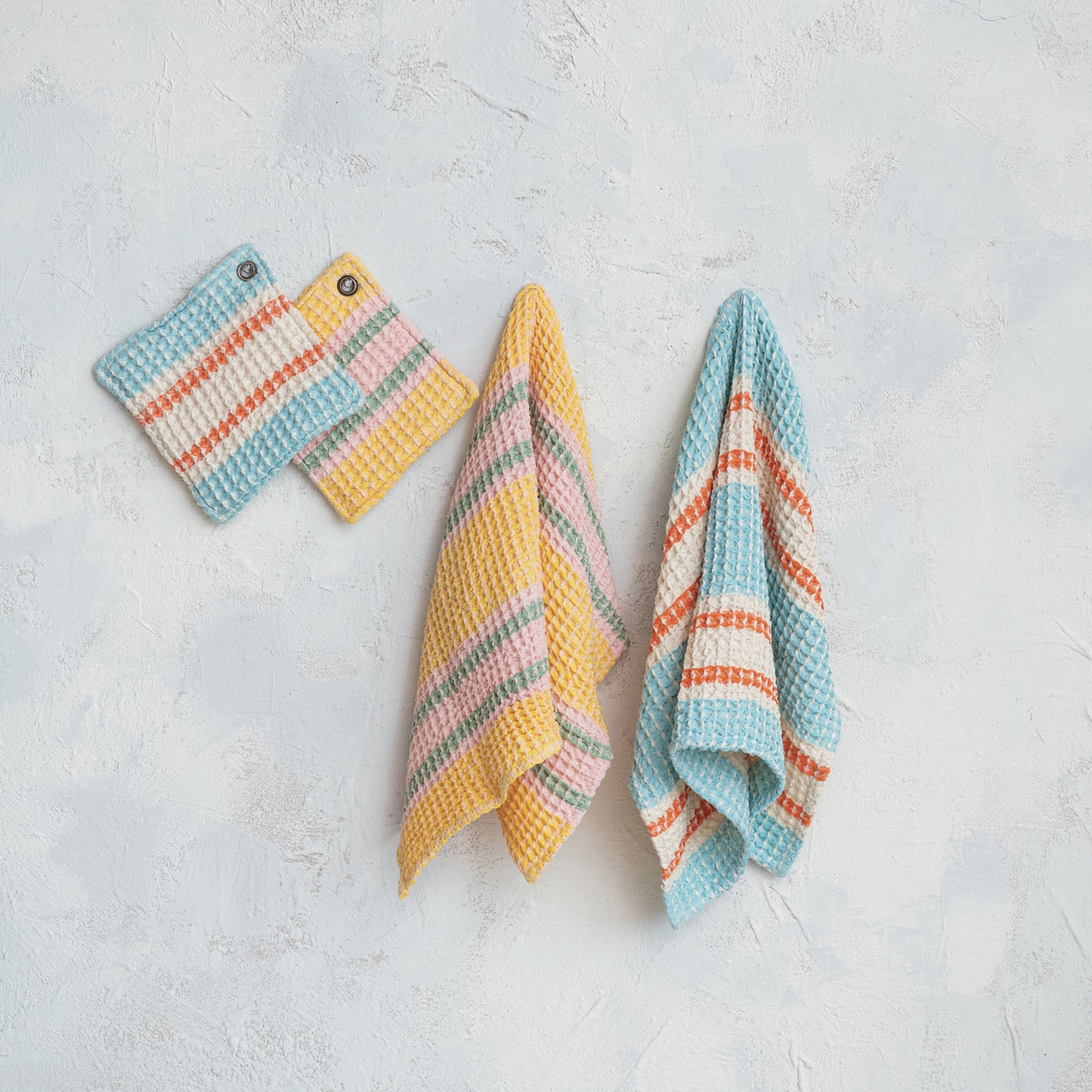 Woven Cotton Waffle Weave Tea Towel With Stripes