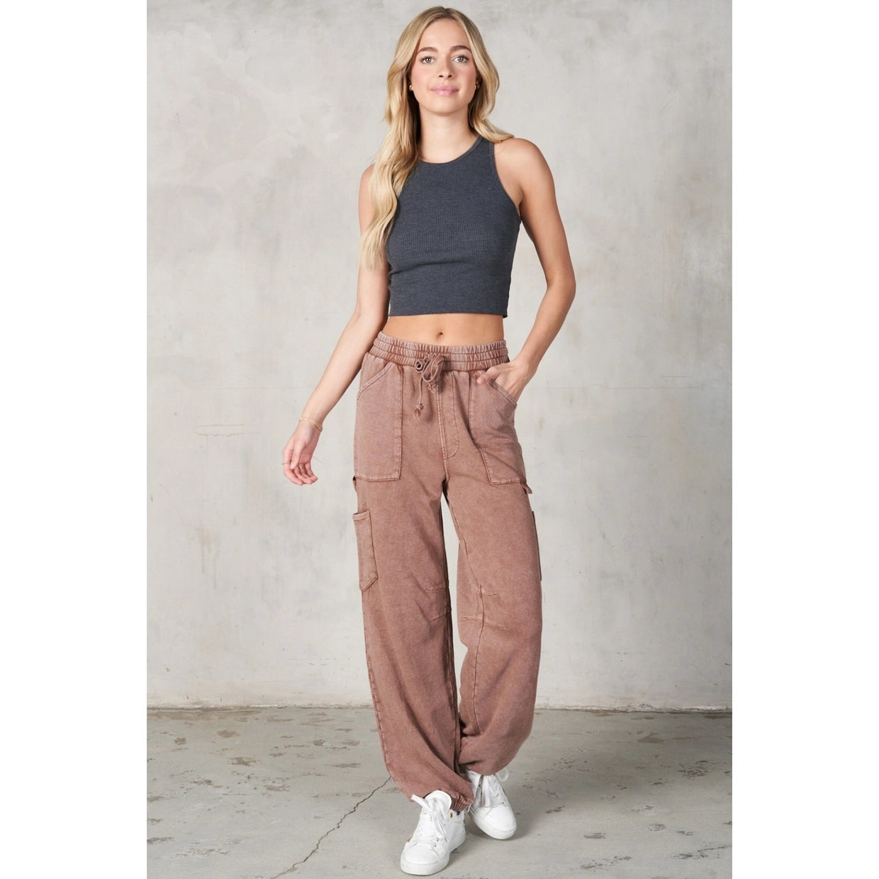 LaLaMia Garment Washed Terry Cargo Sweatpants