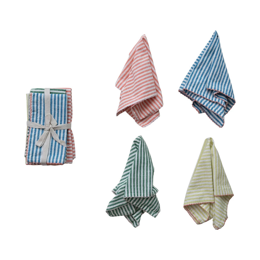 Woven Cotton Striped Napkins with Stitched Colored Trim