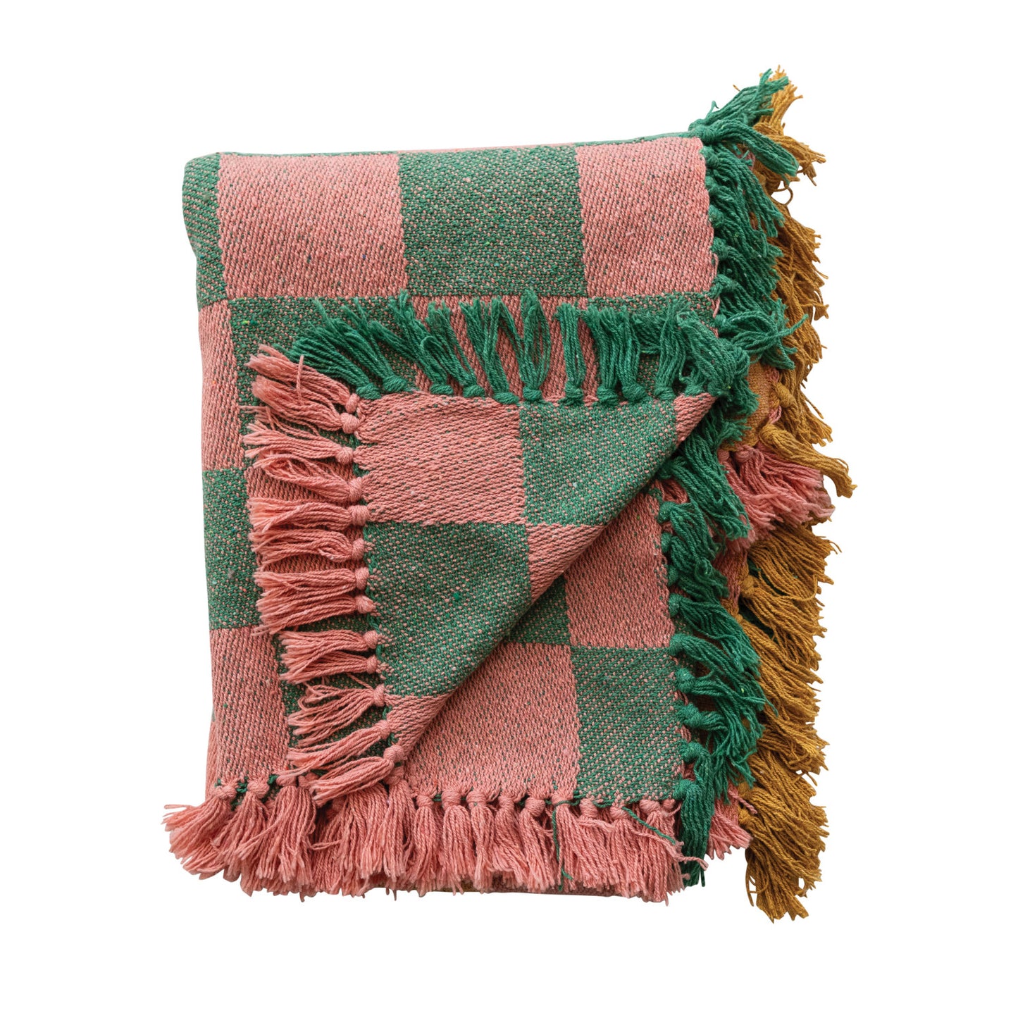 Cotton Blend Two-Tone Checked Throw With Fringe