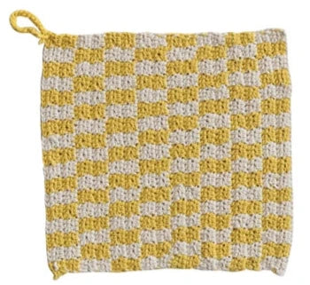 Cotton Crocheted Pot Holder With Check Pattern