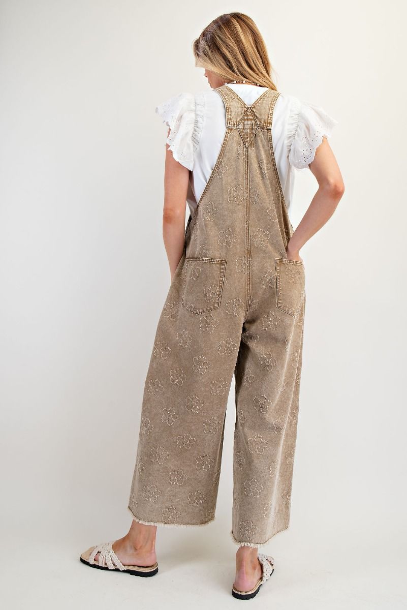 Easel Flower Pattern Washed Twill Overalls
