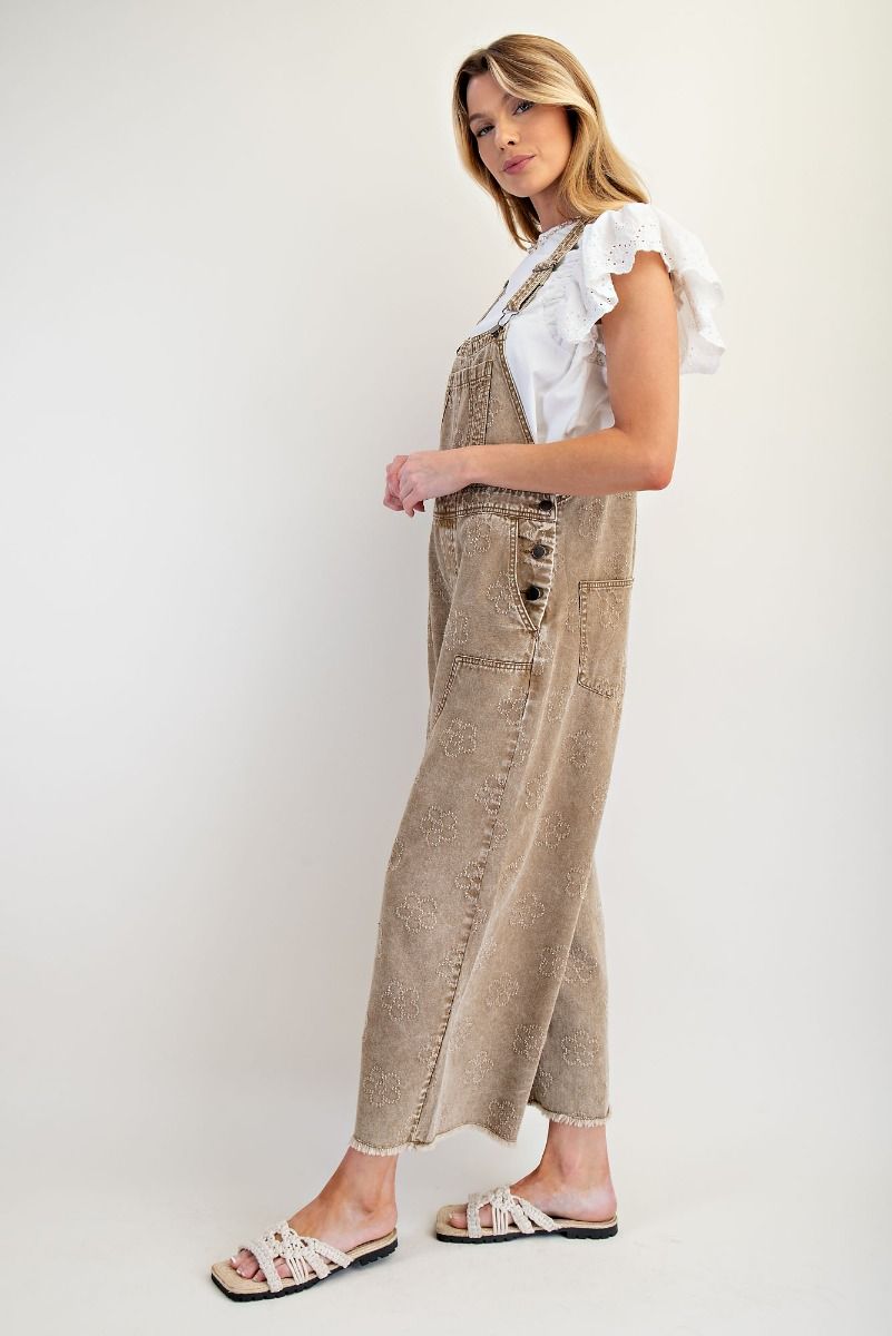 Easel Flower Pattern Washed Twill Overalls