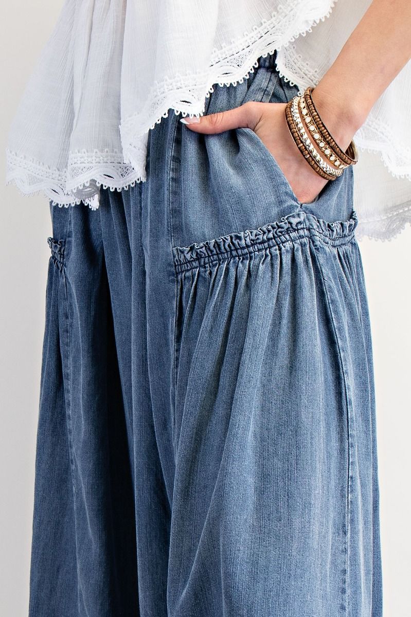 Easel Washed Wide Leg Palazzo Chambray Pants