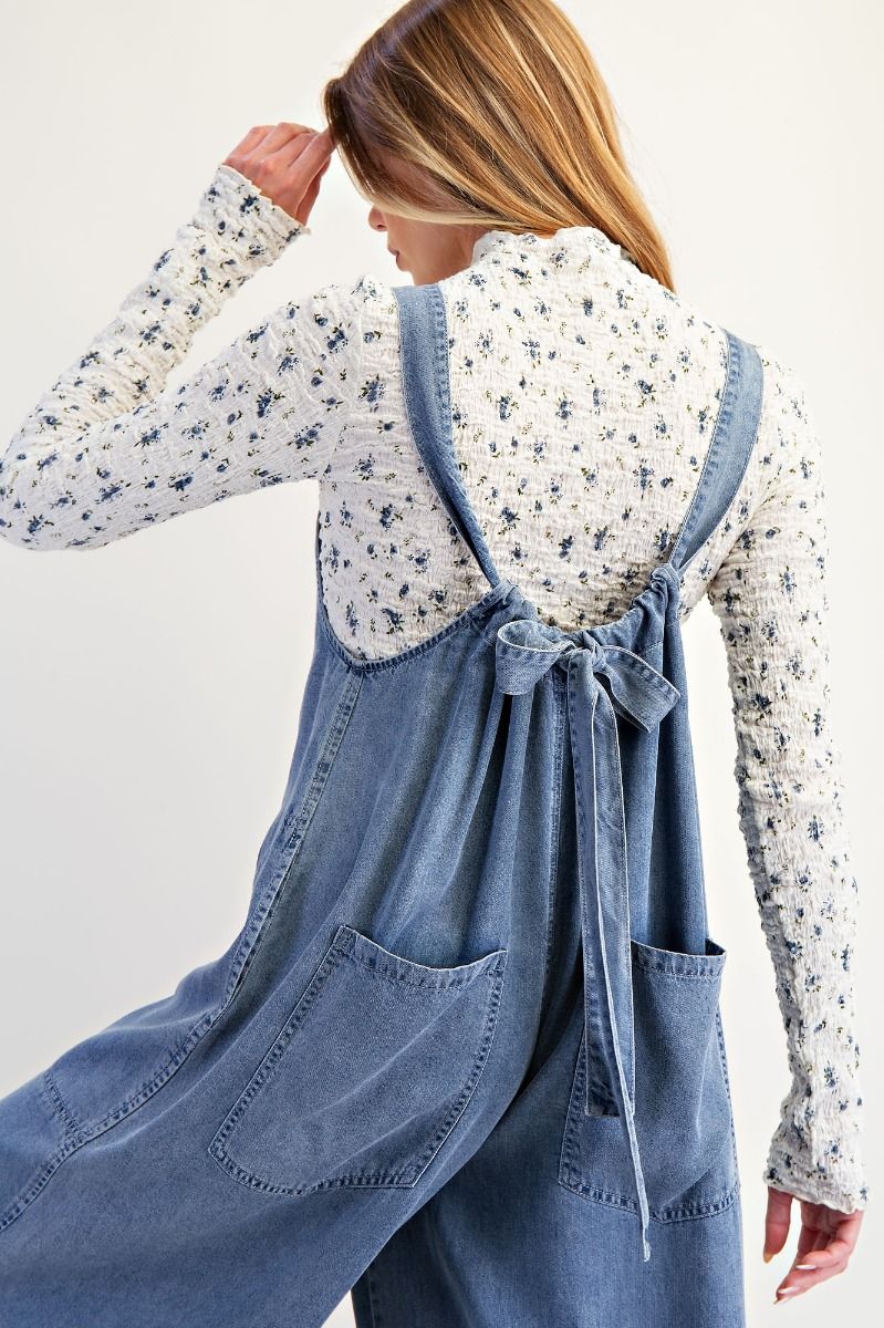 Easel Wide Legs Washed Denim Overalls