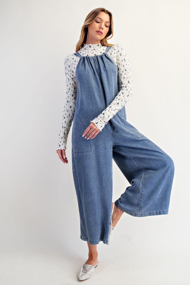 Easel Wide Legs Washed Denim Overalls