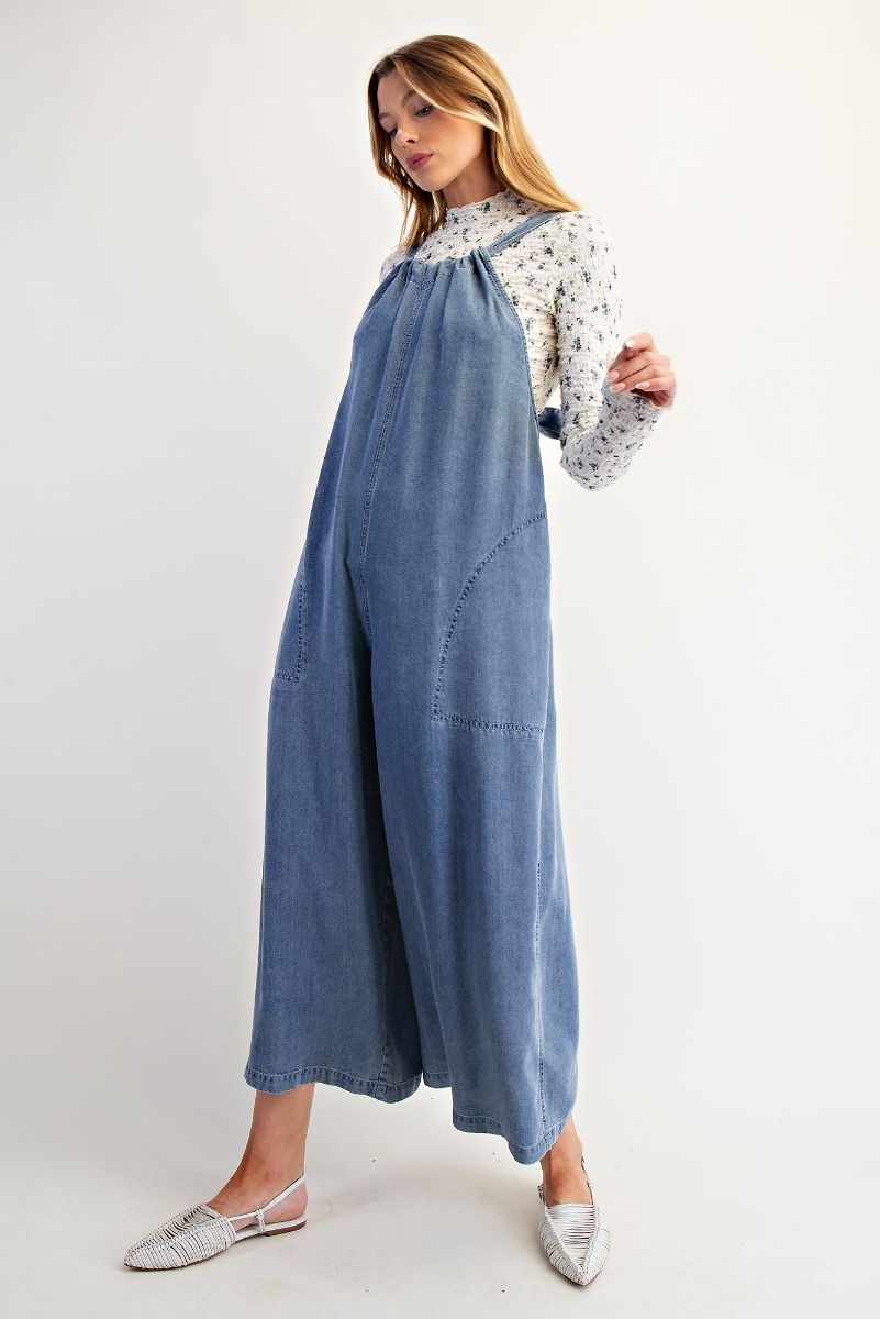 Easel Wide Legs Washed Denim Overalls