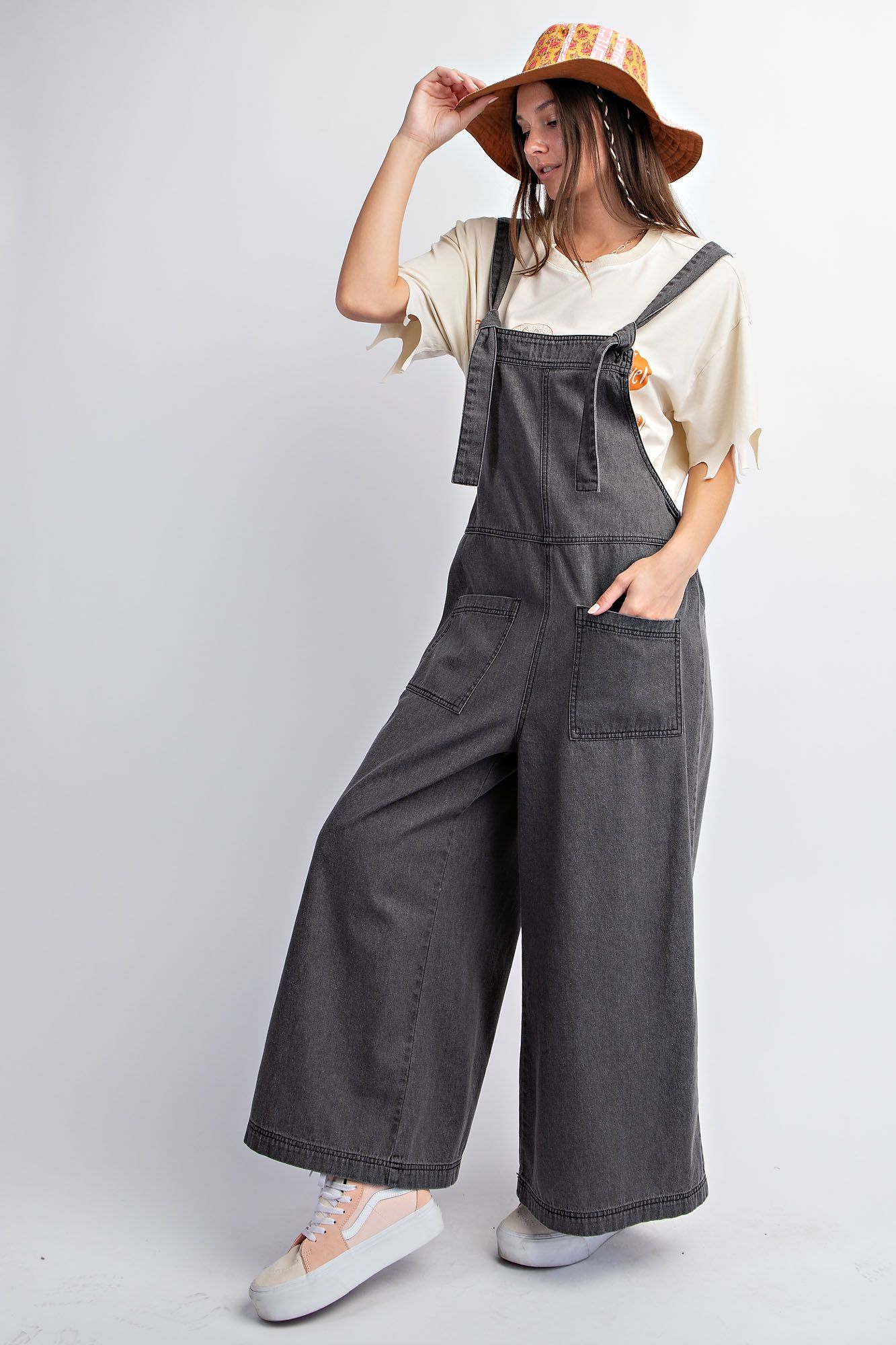 Easel Wide Leg Stone Washed Denim Jumpsuit
