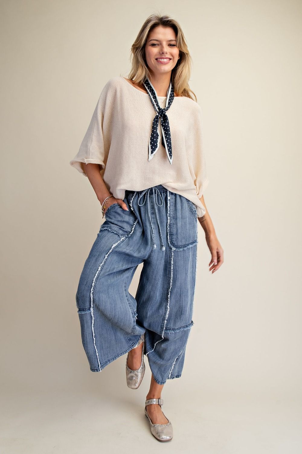 Easel Self Fray Washed Chambray Palazzo Pants