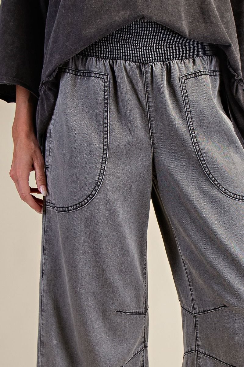 Easel Smocked Waist Washed Chambray Denim Pants