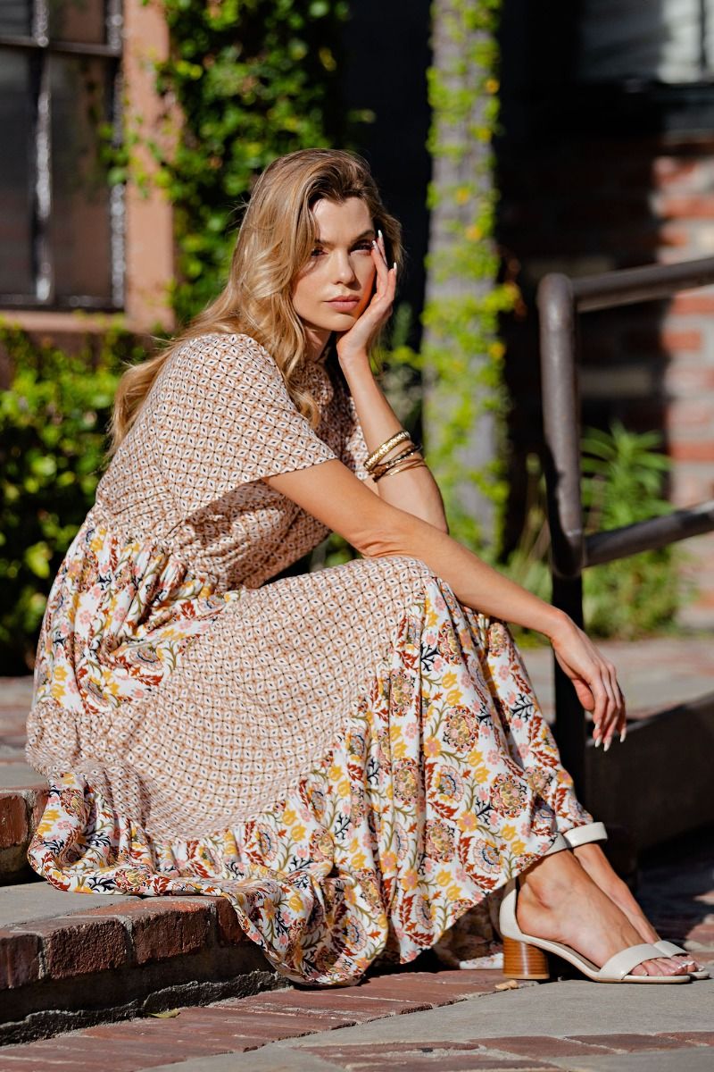 Easel Short Sleeve Mix Print Dress