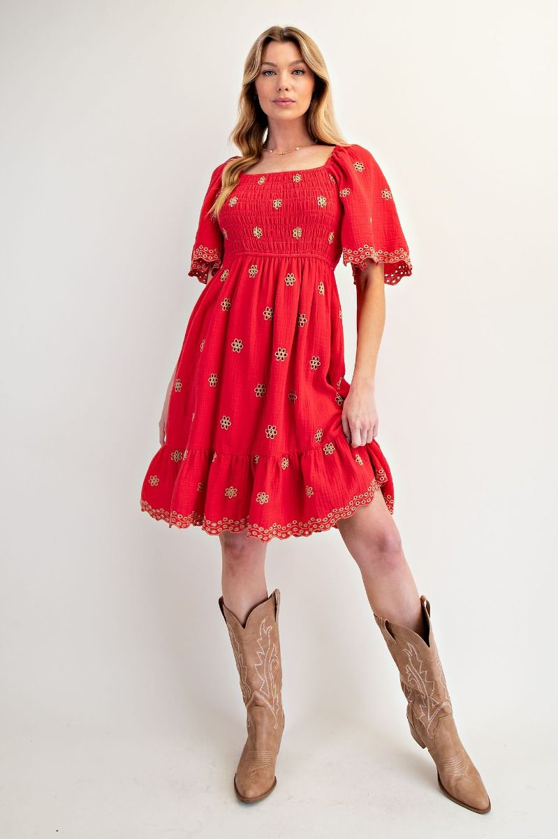 Easel Embroidery Detail Cotton Gauze Dress